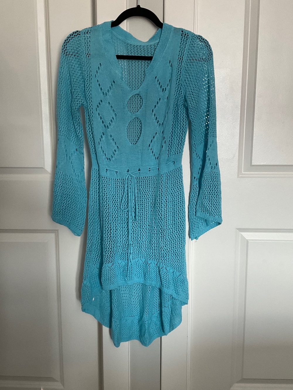 Light Blue Open-Knit V-Neck Tie-Waist Women's Dress